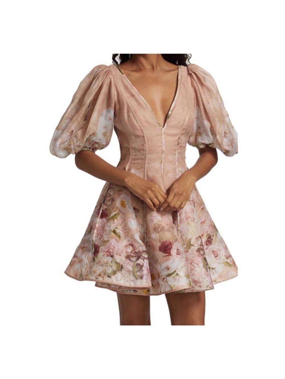Zimmermann Blush Pink Floral Puff-Sleeve Mini Dress